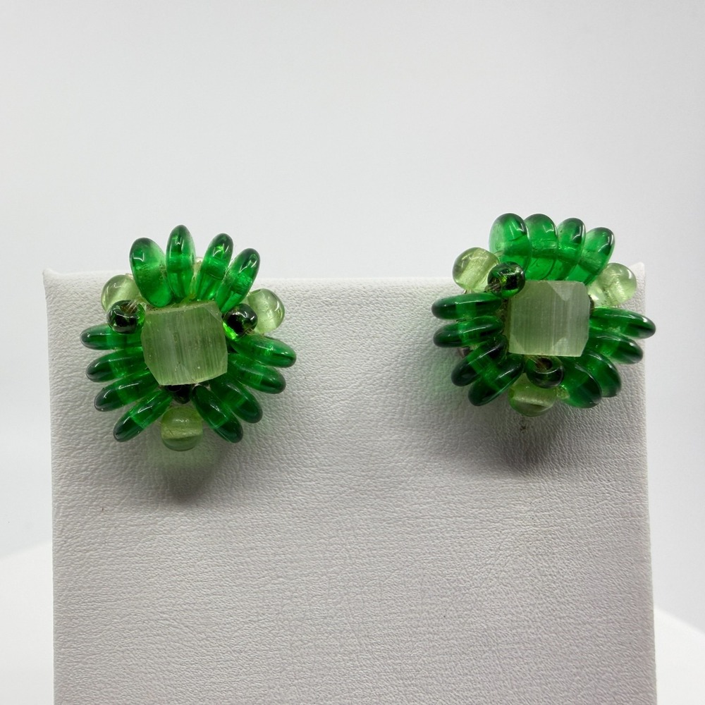 Vintage Green Beaded Clip-On Earrings Floral Statement Jewelry Unique Accessory